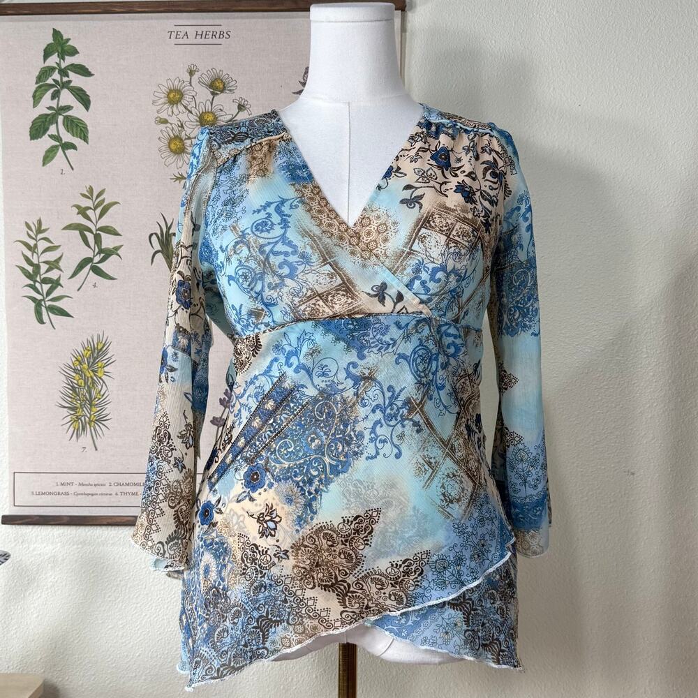 Y2k Asymmetric Hem Flare Sleeve Babydoll Top Boho Hippie Fairy Coastal Cowgirl M